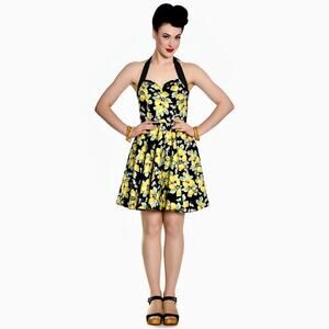 Hell Bunny Leandra Lemon Print Halter Dress Rockabilly Pinup Retro Whimsygoth S